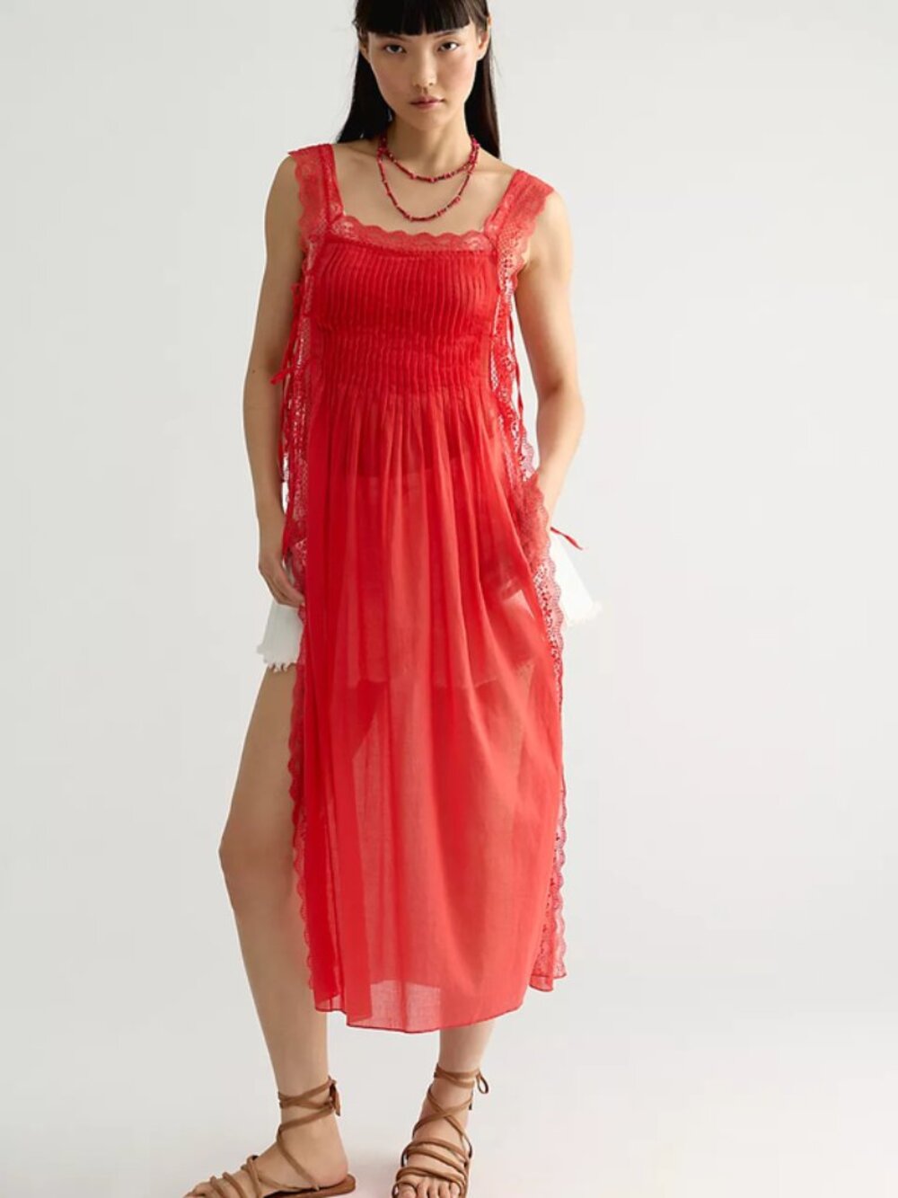 Free People Loren Apron Maxi Top Poppy Red Side Ties Square Neck Sheer XS